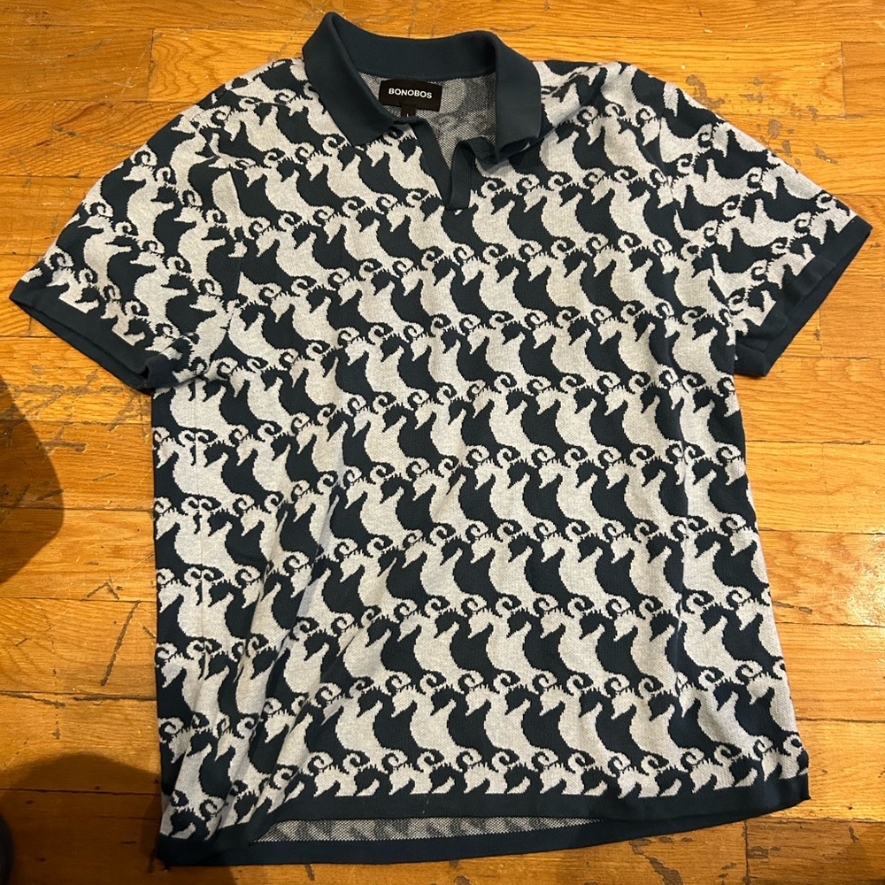 Light & Dark Blue subtle seahorse pattern collard shirt